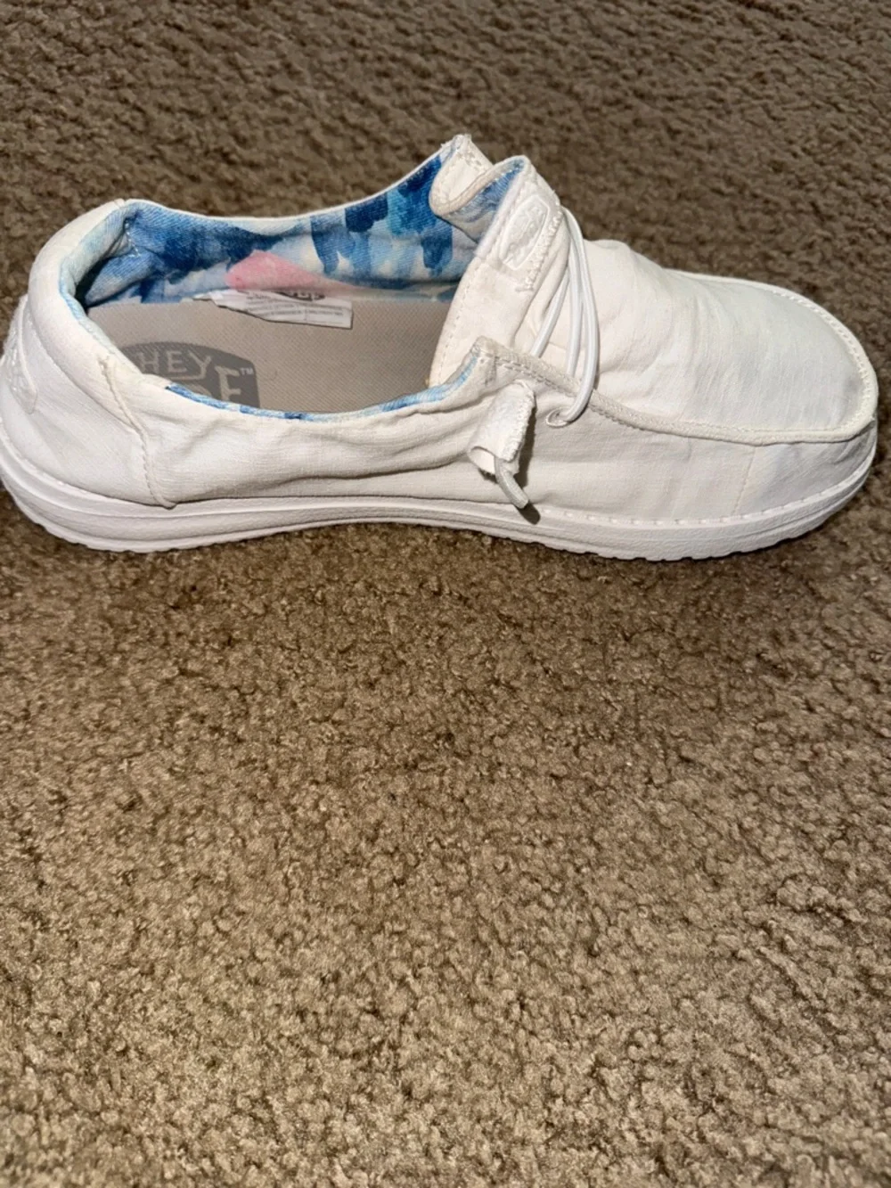 Hey Dude Women’s White Slip-On Sneakers with Blue Inner Pattern - Picture 10 of 13